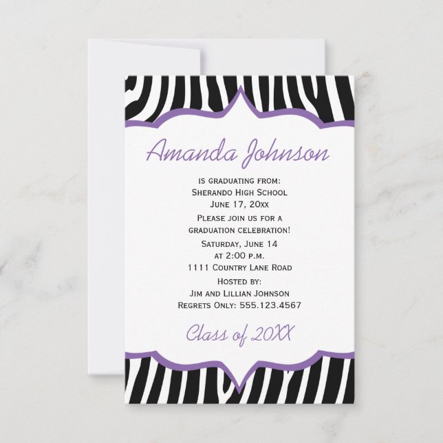 Girly Purple and Zebra Print Graduation Party Invitation (Front)