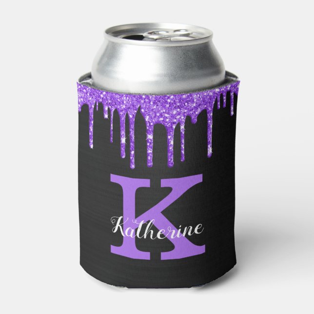 Girly Purple Black Glitter Drips Monogram Name Can Cooler (Can Front)