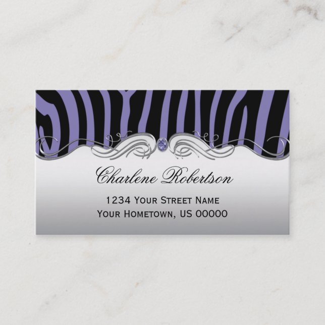 Girly Purple Black Zebra Purple Diamond Ornate Business Card (Front)