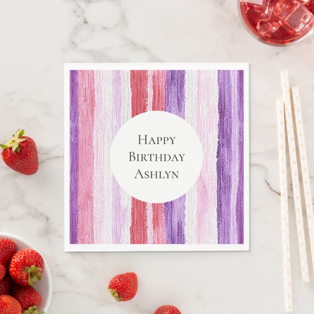 Girly Purple Blush Pink Red Stripes Birthday Napkin (Insitu)