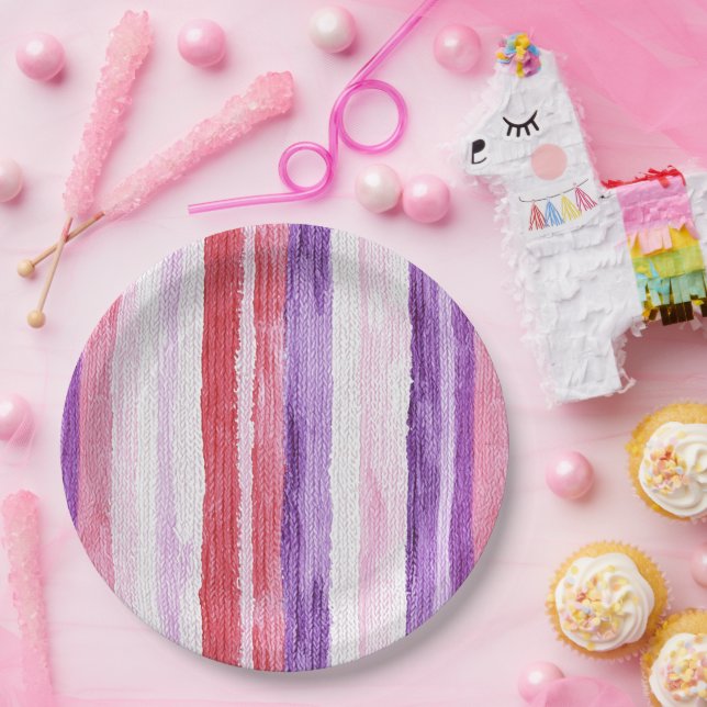 Girly Purple Blush Pink Red Stripes Birthday Paper Plate (Party)