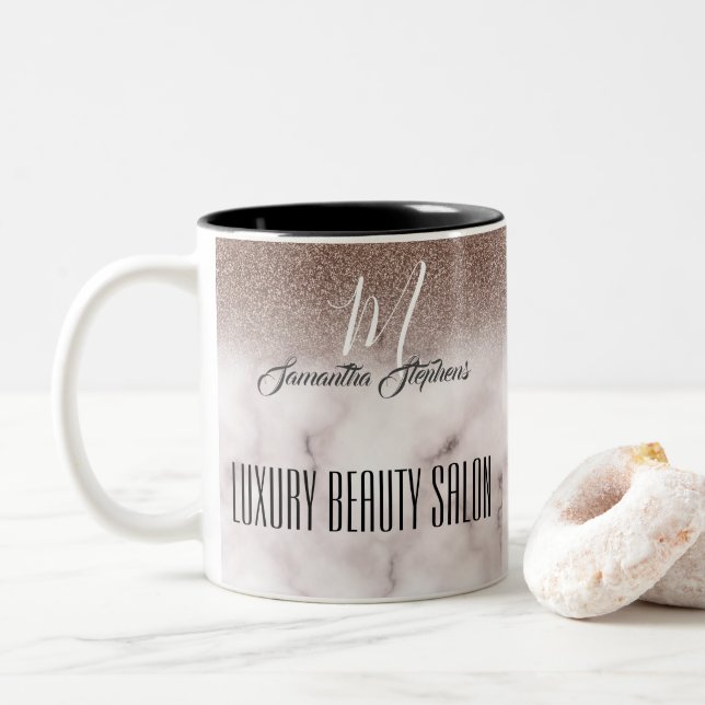 Girly Purple Brownish Glittery Luxury Beauty Salon Two-Tone Coffee Mug (With Donut)