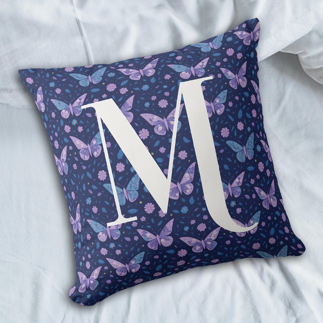 Girly Purple Butterfly Pattern With Bold Monogram Cushion (Creator Uploaded)