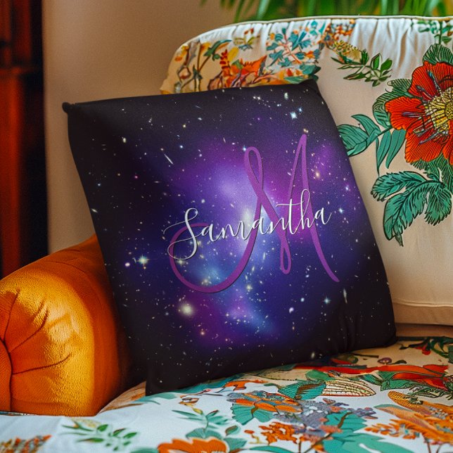 Girly Purple Celestial Photo Monogram Cushion (Girly Purple Celestial Photo Monogram Throw Pillow)