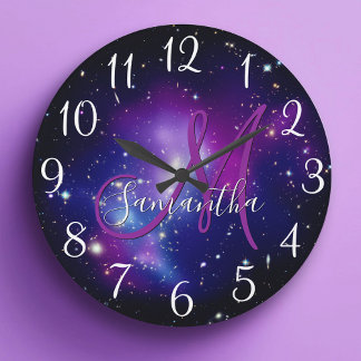 Girly Purple Celestial Photo Monogram Large Clock