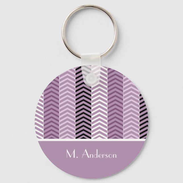 Girly Purple Chevron Stripes Pattern With Name Key Ring (Front)