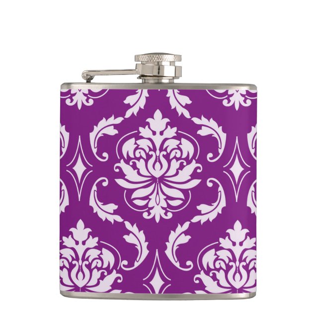 Girly Purple Damask Pattern Hip Flask (Front)