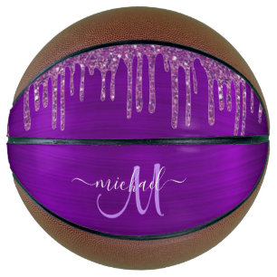 Girly Purple Dripping Glitter Brush Metal Monogram Basketball