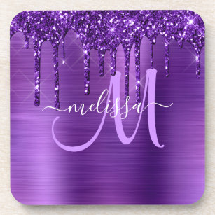 Girly Purple Dripping Glitter Brush Metal Monogram Coaster