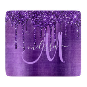 Girly Purple Dripping Glitter Brush Metal Monogram Cutting Board