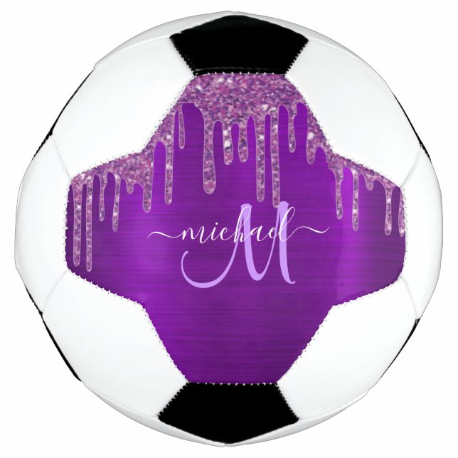 Girly Purple Dripping Glitter Brush Metal Monogram Football (Front)
