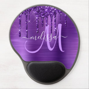 Girly Purple Dripping Glitter Brush Metal Monogram Gel Mouse Mat