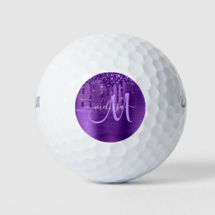 Girly Purple Dripping Glitter Brush Metal Monogram Golf Balls