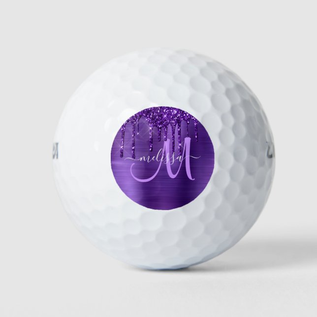 Girly Purple Dripping Glitter Brush Metal Monogram Golf Balls (Front)