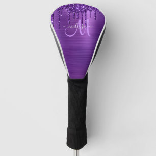 Girly Purple Dripping Glitter Brush Metal Monogram Golf Head Cover