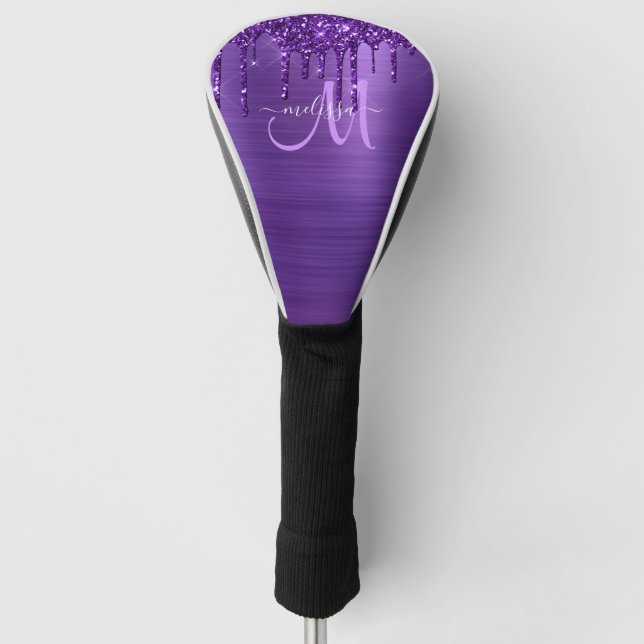Girly Purple Dripping Glitter Brush Metal Monogram Golf Head Cover (Front)