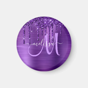 Girly Purple Dripping Glitter Brush Metal Monogram Magnet