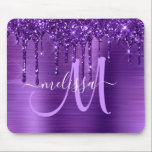 Girly Purple Dripping Glitter Brush Metal Monogram Mouse Mat<br><div class="desc">Add a touch of glitter and glam to your home office or dorm with this elegant personalised mouse pad. This chic design template features a large lavender script monogram and your name in white to personalise on a background of purple brushed metallic texture accented by a border of faux dripping...</div>