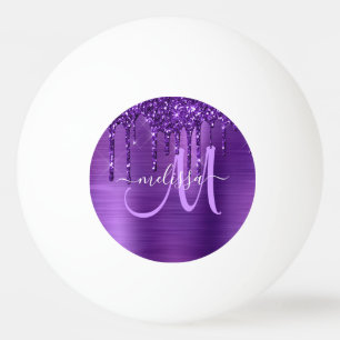 Girly Purple Dripping Glitter Brush Metal Monogram Ping Pong Ball