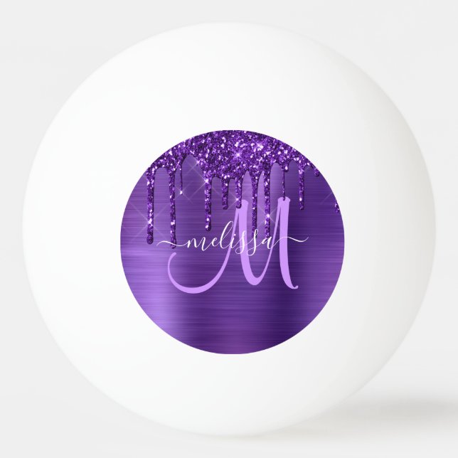 Girly Purple Dripping Glitter Brush Metal Monogram Ping Pong Ball (Front)