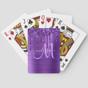 Girly Purple Dripping Glitter Brush Metal Monogram Playing Cards