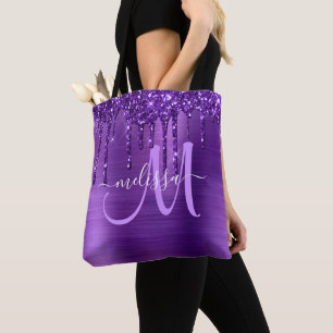 Girly Purple Dripping Glitter Brush Metal Monogram Tote Bag