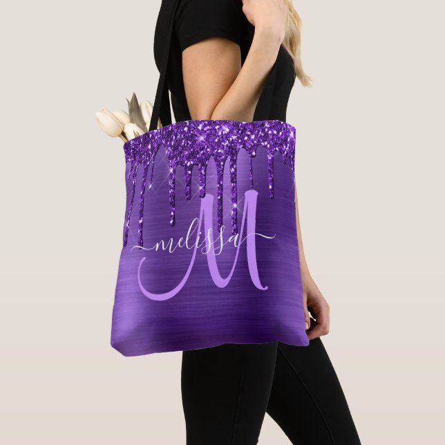 Girly Purple Dripping Glitter Brush Metal Monogram Tote Bag (Close Up)