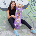 Girly Purple Family Photo Collage Skateboard<br><div class="desc">The skateboard is the perfect gift for the trendy and family-orientated women of today. Aesthetically, it is designed to be eye-catching and appealing to girly tastes – featuring a smooth and vibrant purple textured background, surrounded by white stars and personalised with four family photos and an initial and name of...</div>