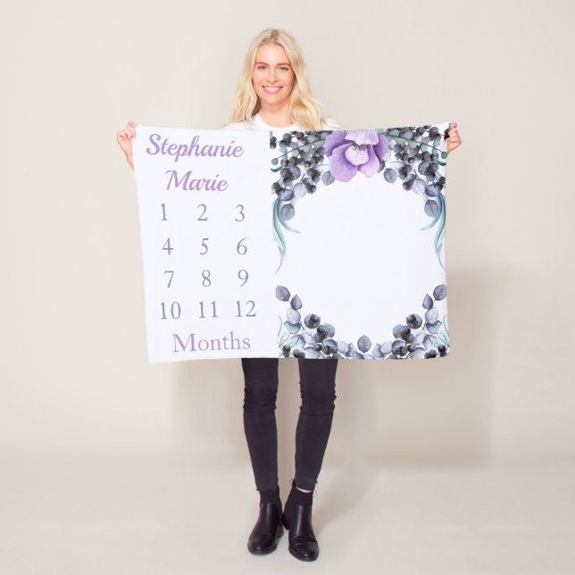 Girly Purple Floral Baby Girl Milestone Baby Fleece Blanket (In Situ)