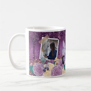 Girly Purple Floral Faux Sparkly Two Photo Name Coffee Mug