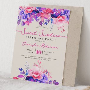 Girly Purple Floral Sweet 16 Birthday Champagne Invitation