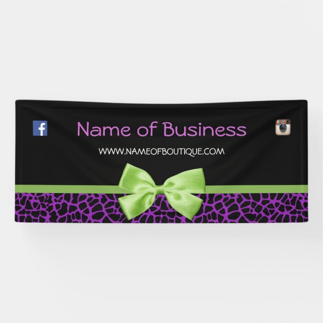 Girly Purple Giraffe Print Cute Green Ribbon 6ft Banner (Horizontal)