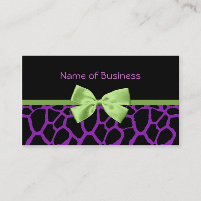 Girly Purple Giraffe Print With Cute Green Ribbon Business Card (Front)