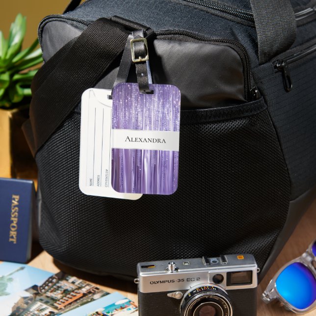 Girly Purple Glam Glitzy Tinsel Stripes  Luggage Tag (Front & Back)