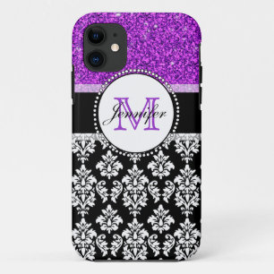 Girly Purple Glitter Black Damask Personalised iPhone 11 Case