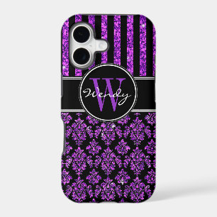 Girly Purple Glitter Black Damask Your Name
