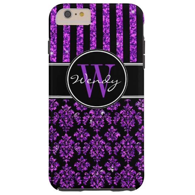 Girly Purple Glitter Black Damask Your Name Case-Mate iPhone Case (Back)