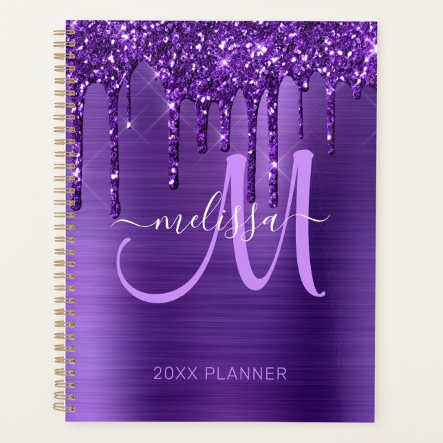 Girly Purple Glitter Brushed Metal 2024 Planner (Front)