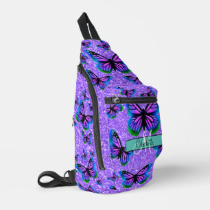 Girly purple glitter butterflies monogram sling bag