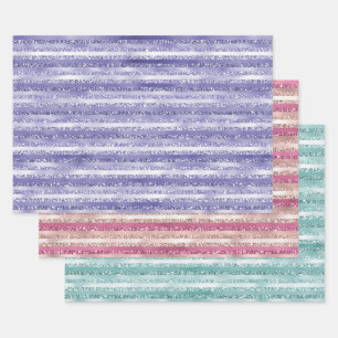 Girly Purple Glitter Glam Stripes Wrapping Paper Sheet