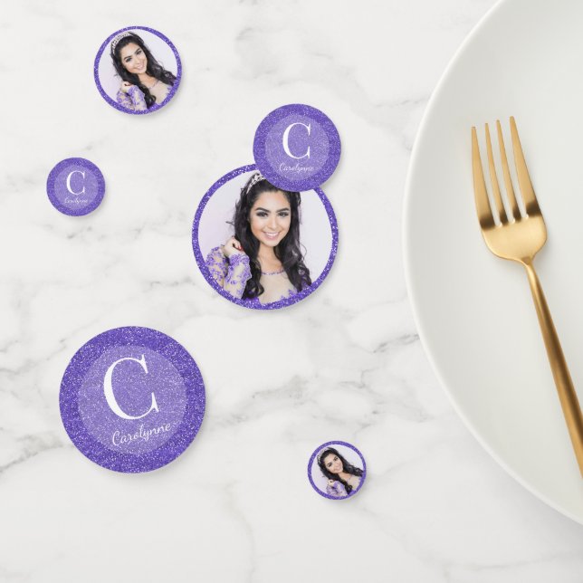 Girly Purple Glitter Monogram Photo Confetti (Group)