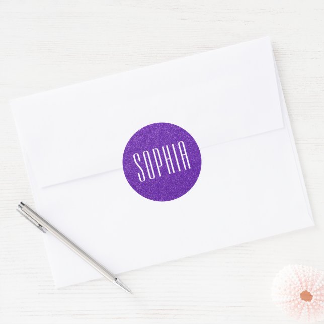 Girly Purple Glitter Name Cute Sparkle Classic Round Sticker (Envelope)
