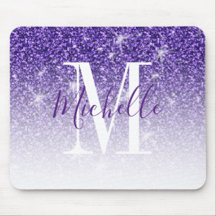Girly Purple Glitter Sparkle Monogram Name Mouse Mat