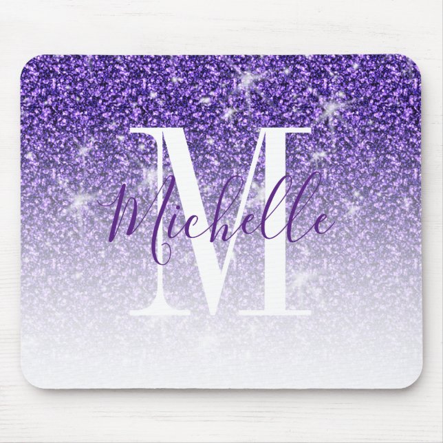 Girly Purple Glitter Sparkle Monogram Name Mouse Mat (Front)