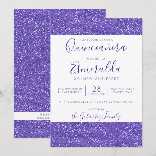 Girly Purple Glitter Sparkle Quinceanera Invitation (Front/Back)