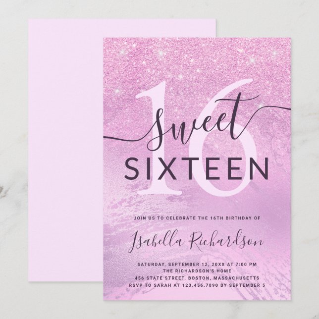 Girly purple glitter sweet sixteen birthday party invitation (Front/Back)