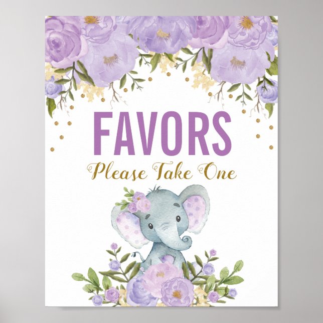 Girly Purple Gold Floral Elephant Favours Sign (Front)