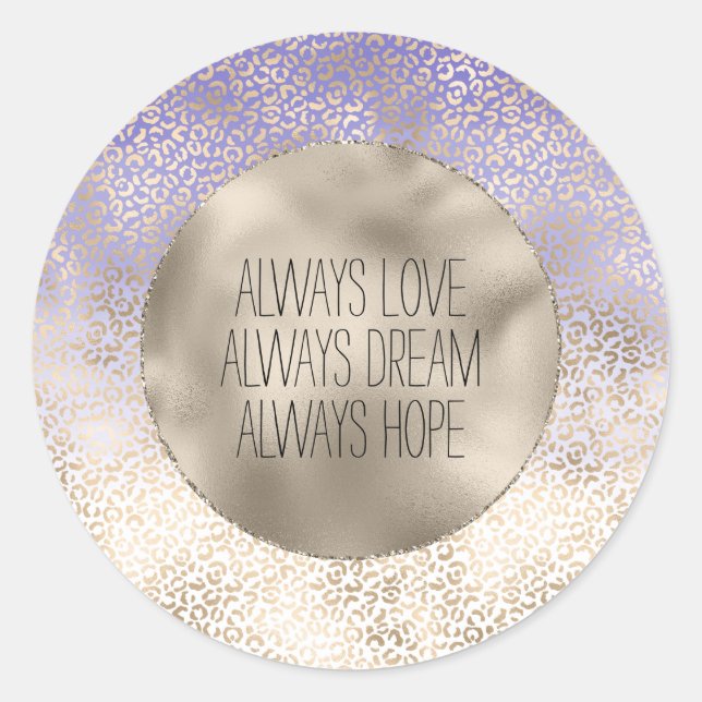 Girly Purple Gold Ombre Leopard Print Classic Round Sticker (Front)