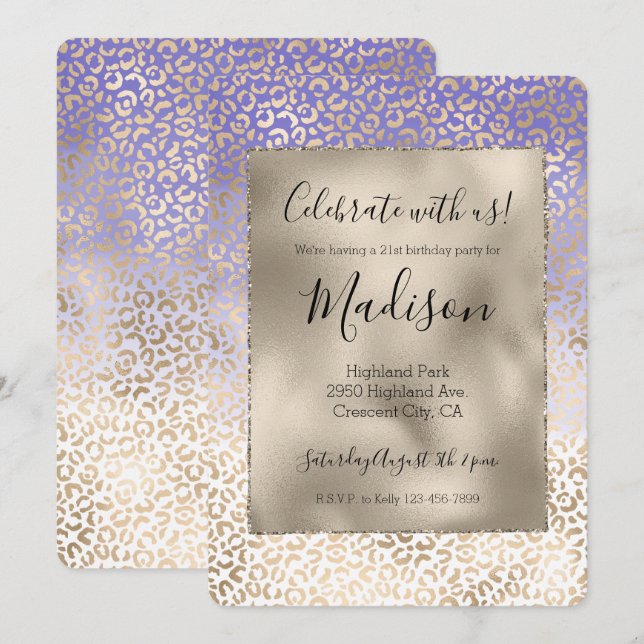 Girly Purple Gold Ombre Leopard Print Invitation (Front/Back)