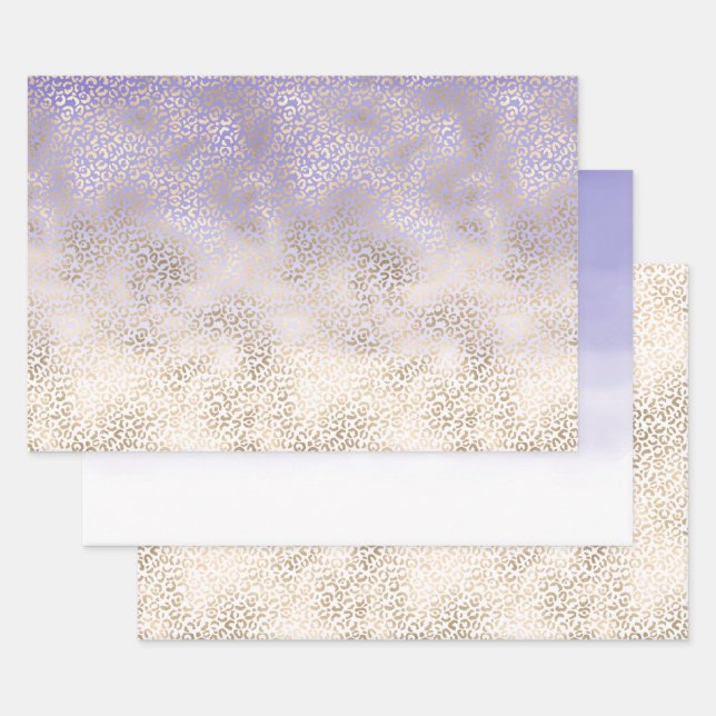 Girly Purple Gold Ombre Leopard Print Wrapping Paper Sheet (Set)